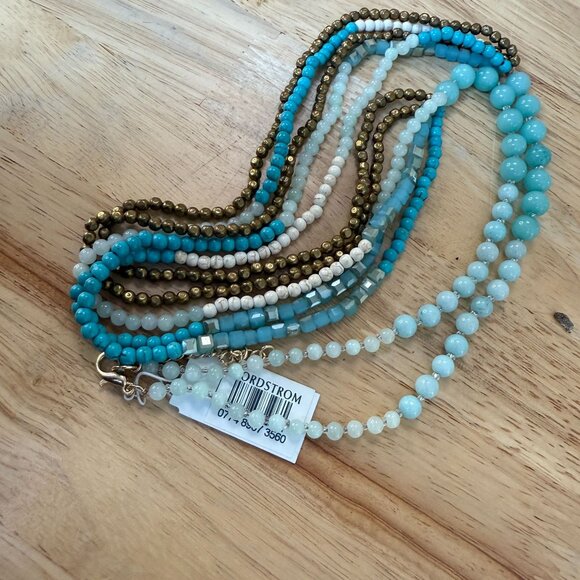 Multi-Strand Beaded Necklace In Turquoise Gold & White - Picture 7 of 9